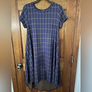 LuLaRoe Carly Dress Blue Gold High Low Swing Dress A Line T Shirt Small EUC